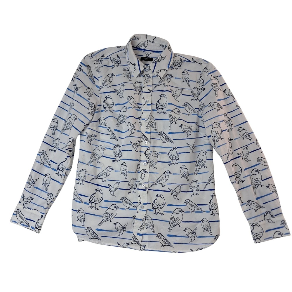 Talbots Shirt Womens Small Petite White Button Up Blue Bird Long Sleeve Novelty